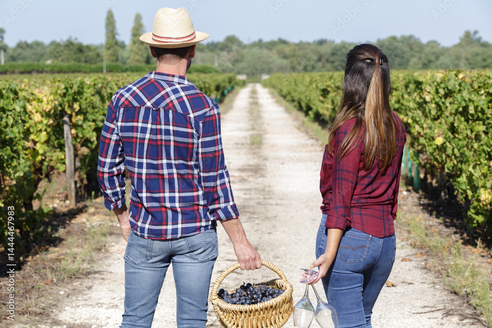 winery vineyard tourists couple walking on wine farm tour