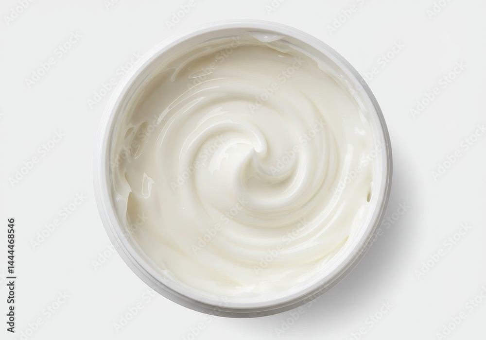 Aerial view of a round container filled with swirling white cream on a white background Aerial view of a round container filled with swirling white cream on a white background