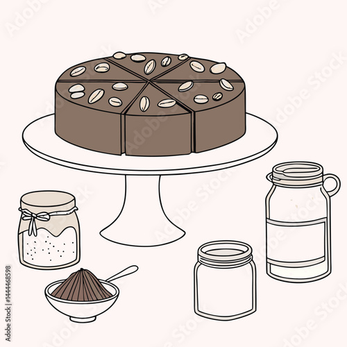 Chocolate Cake with Nuts and Glass Jars of Ingredients