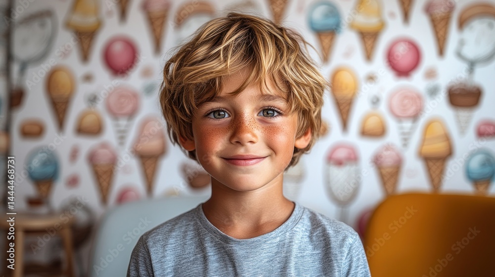 Adorable Freckled Boy Smiling Against Ice Cream Wallpaper