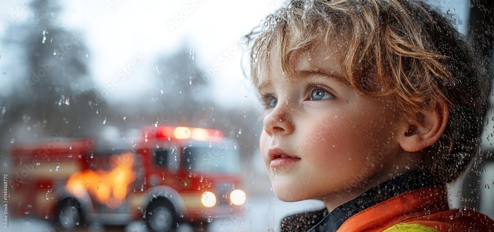 A Child's Worried Gaze Through a Rainy Window at a Distant Fire Truck
