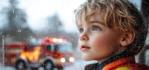 Obraz na płótnie A Child's Worried Gaze Through a Rainy Window at a Distant Fire Truck w salonie