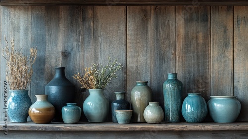 A collection of glazed ceramic pots and vases in various shapes and sizes, carefully displayed on a rustic wooden shelf, with soft ambient lighting. 2b