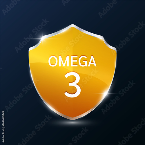 Omega 3 or Fatty Acids in translucent glass shield modern orange. Nutrients vitamins fish oil. For design dietary supplement products. Medical health care immunity protection concept. 3D Vector.