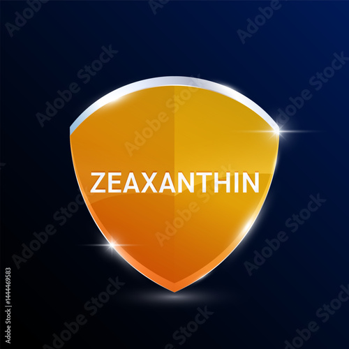 Zeaxanthin in translucent glass shield modern orange. Nutrients vitamins minerals. For design dietary supplement products. Medical maintain and protect your eyesight concept. 3D Vector.