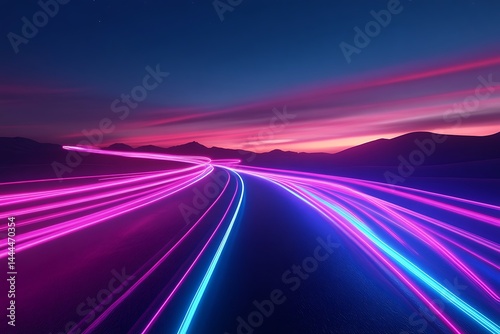 Colorful Glowing Light Streaks Over Landscape at Sunset in a Dramatic Sky