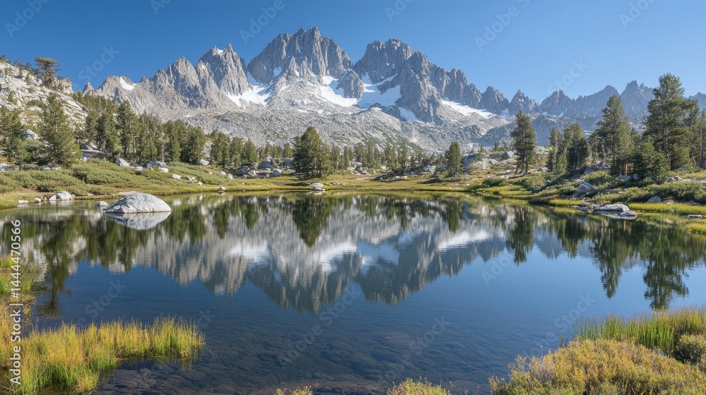 Fototapeta premium A quiet mountain lake with towering peaks reflected in the still water