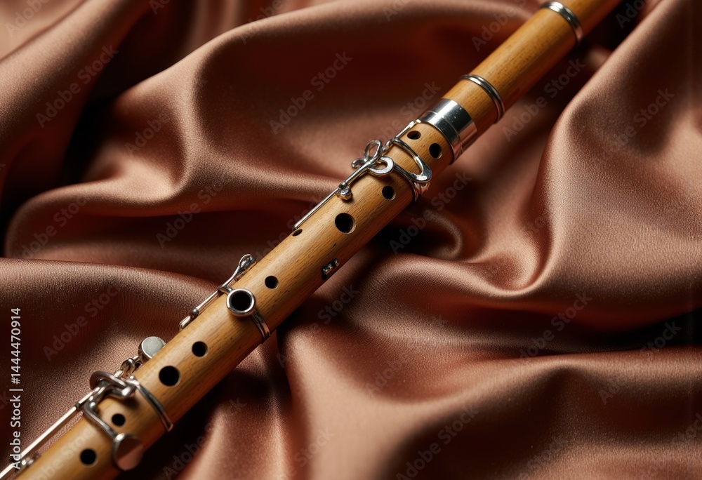 Fototapeta premium Ornate wooden flute resting on luxurious satin fabric 