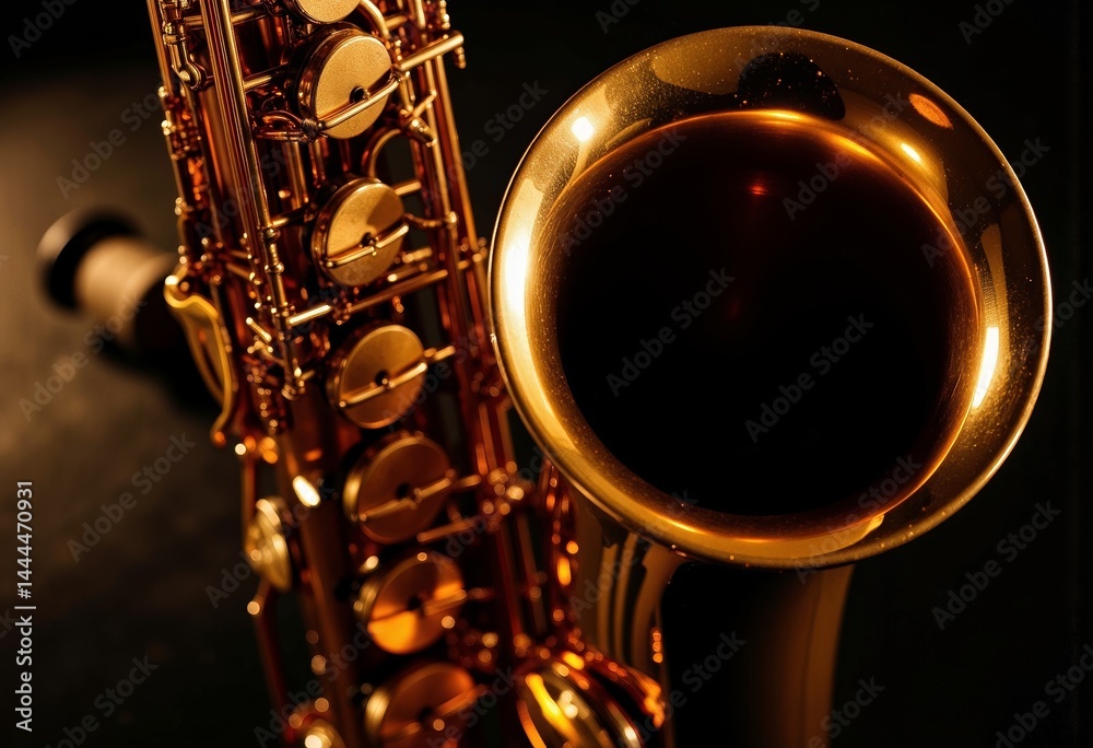Obraz premium Golden saxophone close-up against dark background 