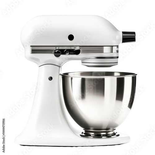 Modern white stand mixer with stainless steel mixing bowl for baking and cooking, kitchen appliance for food preparation, and dessert mixing