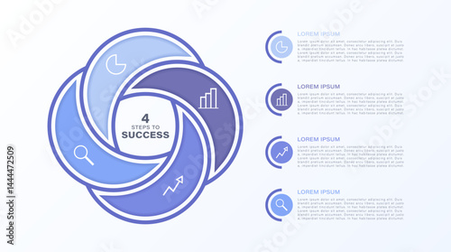 4-part circular infographic with icons and space for data. In-section business or marketing infographic design template