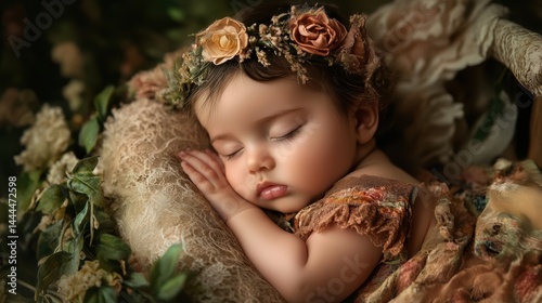A portrait of a newborn baby sleeping peacefully in a crib