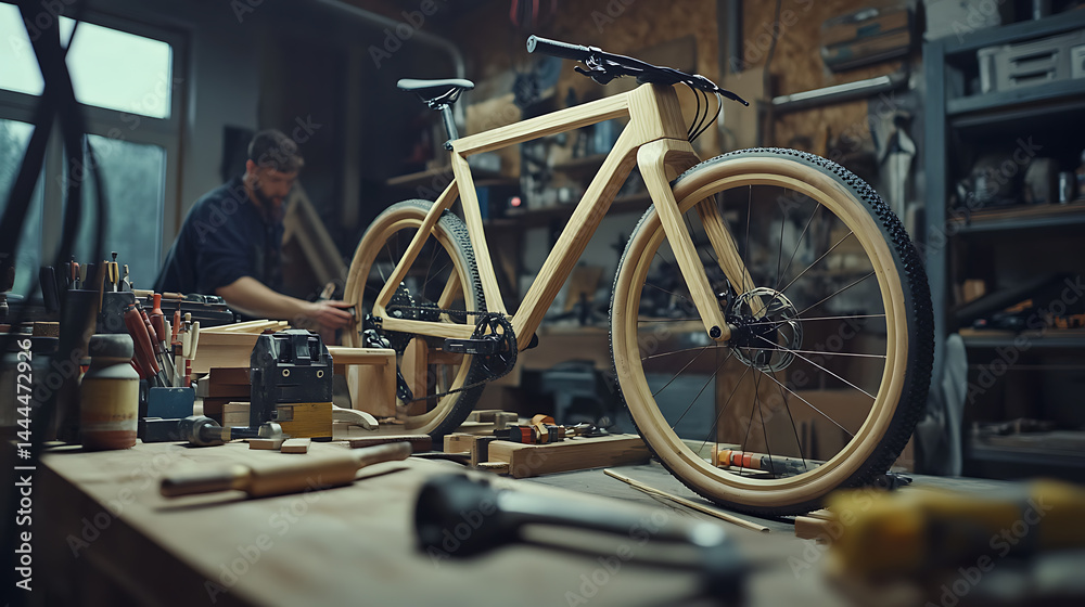 Obraz premium Craftsman Working on a Wooden Bicycle in a Workshop