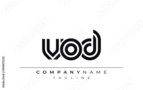 VOD Creative Unique Modern Letter Logo Design. Stylized logo featuring a unique letter design, presenting abstract minimalist aesthetics and modern appeal.