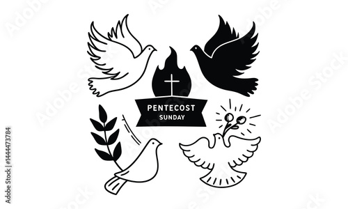 Religious symbols Church, flames, doves, hands, and wings.
