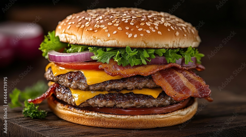 Gourmet Burger with Bacon, Cheese, and Onion Gourmet Burger with Bacon, Cheese, and Onion