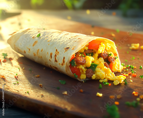 Hearty breakfast burrito filled with scrambled eggs, sausage, and vegetables, representing a delicious and satisfying Mexican-inspired morning meal.



