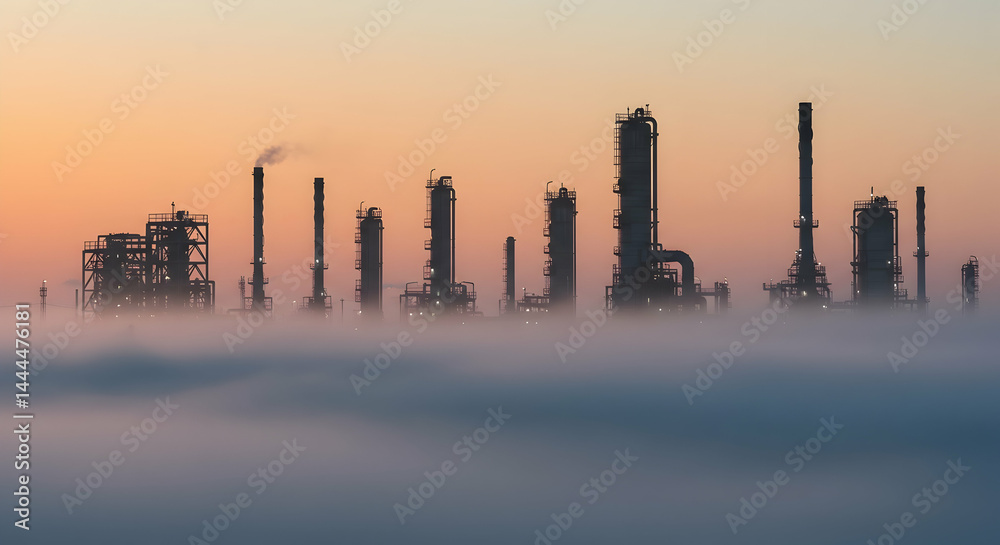 Fototapeta premium Industrial Plant Silhouette at Dawn with Fog Atmospheric Factory Scene Environmental Pollution Concept 110