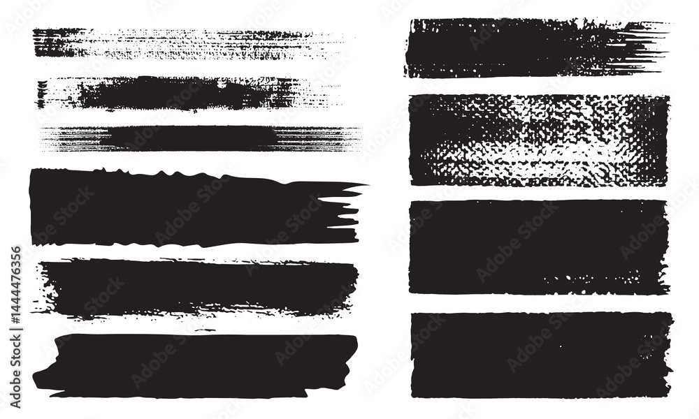 Straight line vector brush strokes. Black hand drawn stripes, smears. Chinese or Japanese calligraphy brushstrokes set. Rough grunge thick paint line texture. Sketch text boxes collection.Stock-Vector