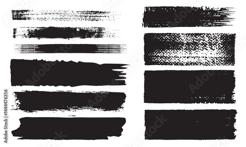 Straight line vector brush strokes. Black hand drawn stripes, smears. Chinese or Japanese calligraphy brushstrokes set. Rough grunge thick paint line texture. Sketch text boxes collection.Stock-Vector