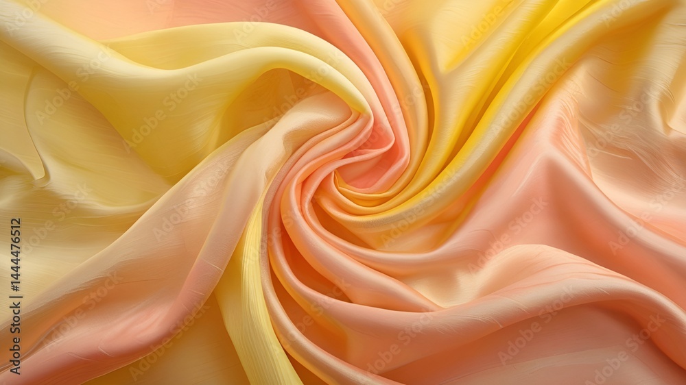 Obraz premium Swirling satin fabric texture in soft yellow and pink hues. Great for fashion, elegance, or luxury product backgrounds.