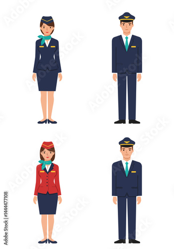 A simple flat design set of 4 flight attendant characters (2 male, 2 female) with colorful uniforms on a clean white background, front-facing.