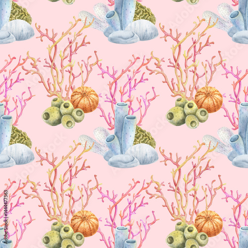 Seamless watercolor pattern with coral reef elements: anemones, sponges, corals, and seashells. Bright marine background for fabrics, wallpapers, and summer-themed design projects.