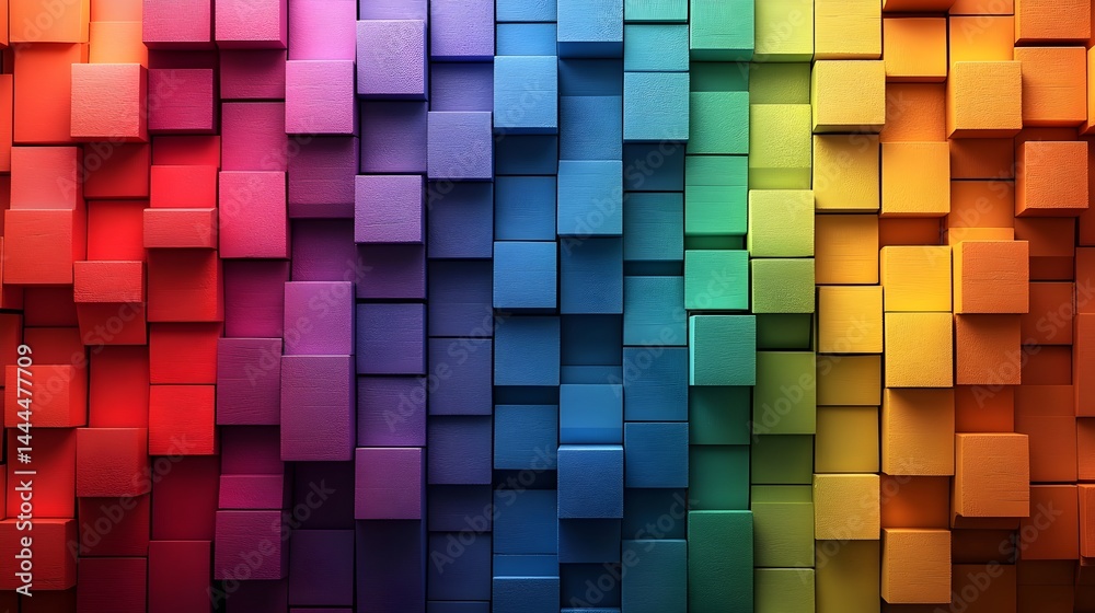 Fototapeta premium abstract geometric rainbow-colored 3d wooden square cubes texture wall. banner panorama