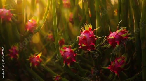 A dragon fruit plant in full bloom with bright pink fruits growing among thick green stems bathed in golden morning sunlight ideal for farming photography cut out on isolated transparent background photo