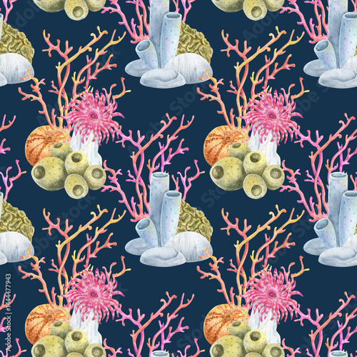 Seamless watercolor pattern with coral reef elements: anemones, sponges, corals, and seashells. Bright marine background for fabrics, wallpapers, and summer-themed design projects.