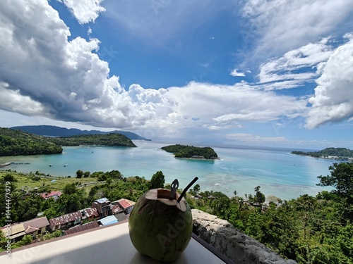 Fresh Coconut Drink with Stunning Tropical Island View in Southeast Asia