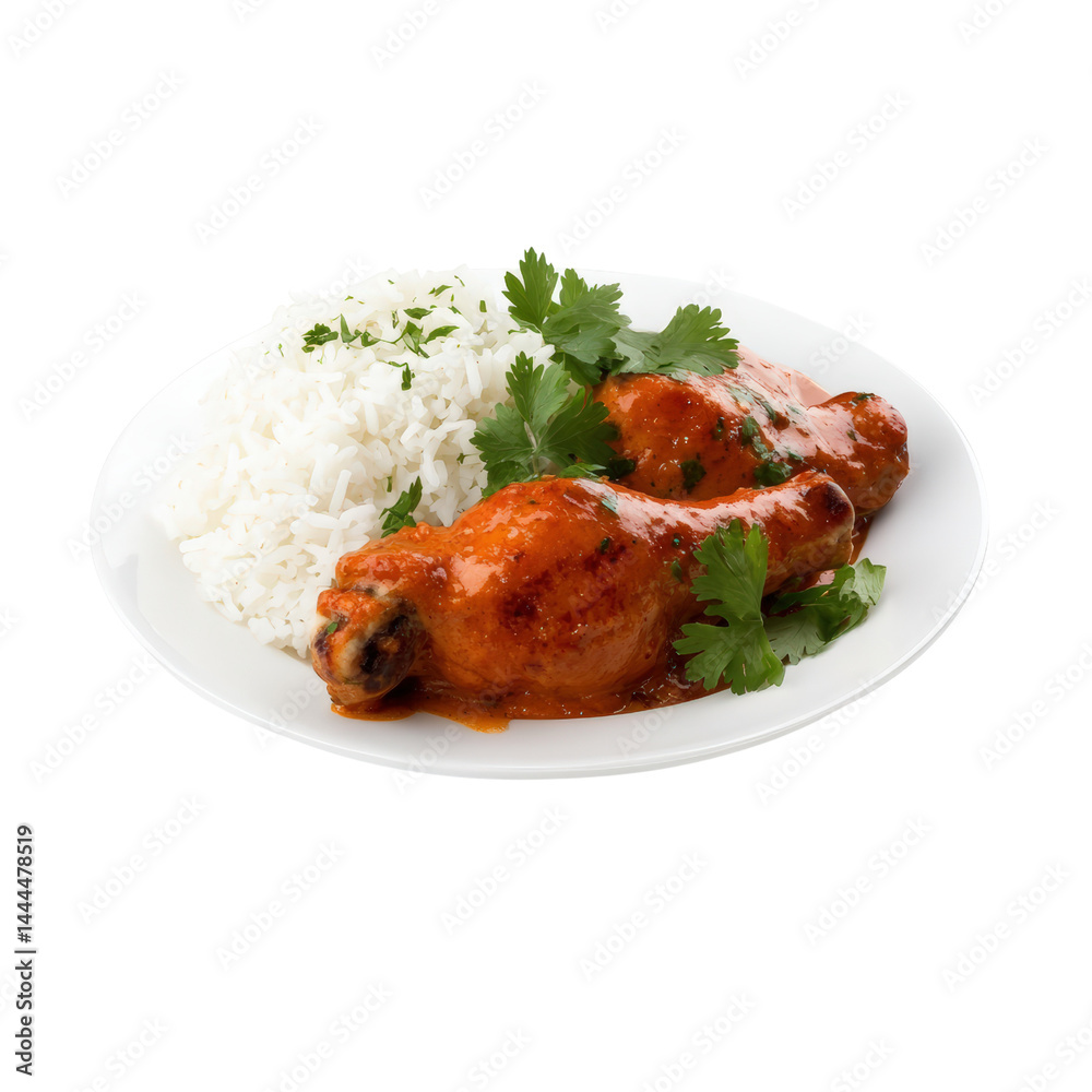 Delicious savory roasted chicken drumstick served with fluffy white rice garnished with fresh cilantro on a white plate, mouthwate meal, close-up food shot Delicious savory roasted chicken drumstick served with fluffy white rice garnished with fresh cilantro on a white plate, mouthwate meal, close-up food shot