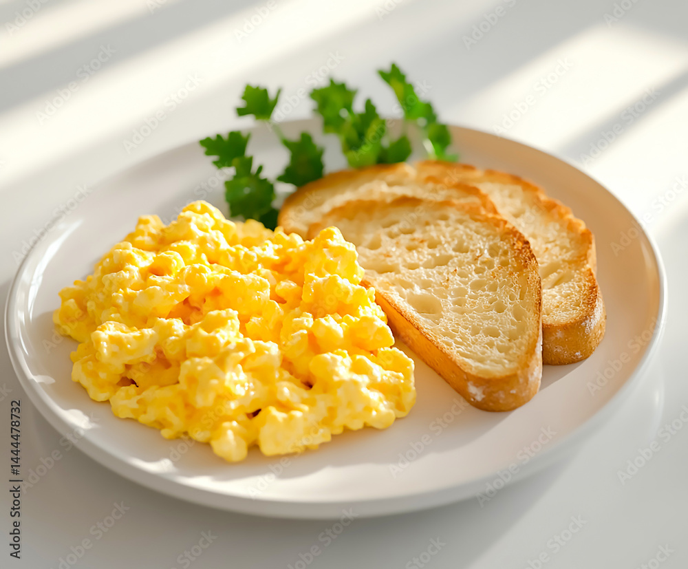 Plate of fluffy scrambled eggs with toasted bread, representing healthy breakfast, brunch, and a simple protein-rich meal. Plate of fluffy scrambled eggs with toasted bread, representing healthy breakfast, brunch, and a simple protein-rich meal.