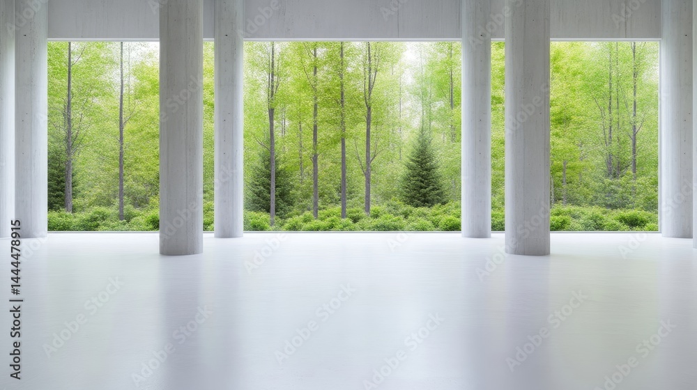 Fototapeta premium Modern concrete hall with forest views. Spacious interior design, showcasing large windows with a lush green forest backdrop. Clean lines and minimalist aesthetic