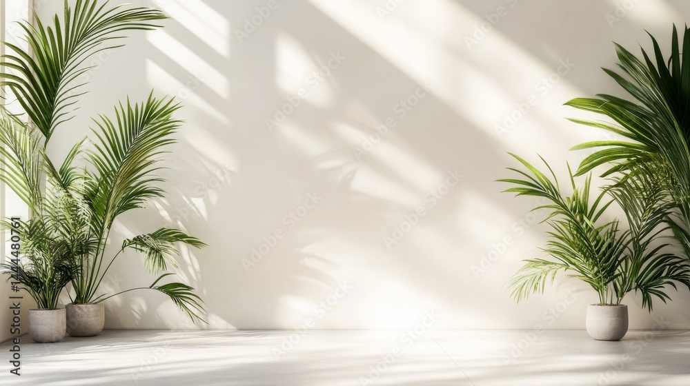 Obraz premium Empty sunlit room with tropical plants and shadows.