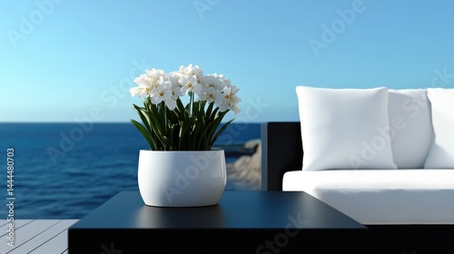 Coastal outdoor living area with white flowers