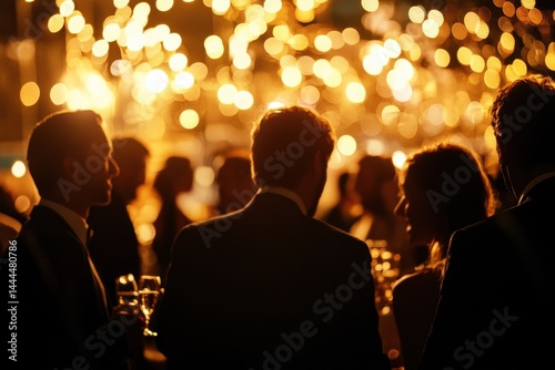 Networking and socializing among business professionals during an evening event with sparkling lights, Business people networking at an evening event with golden lighting Business concept