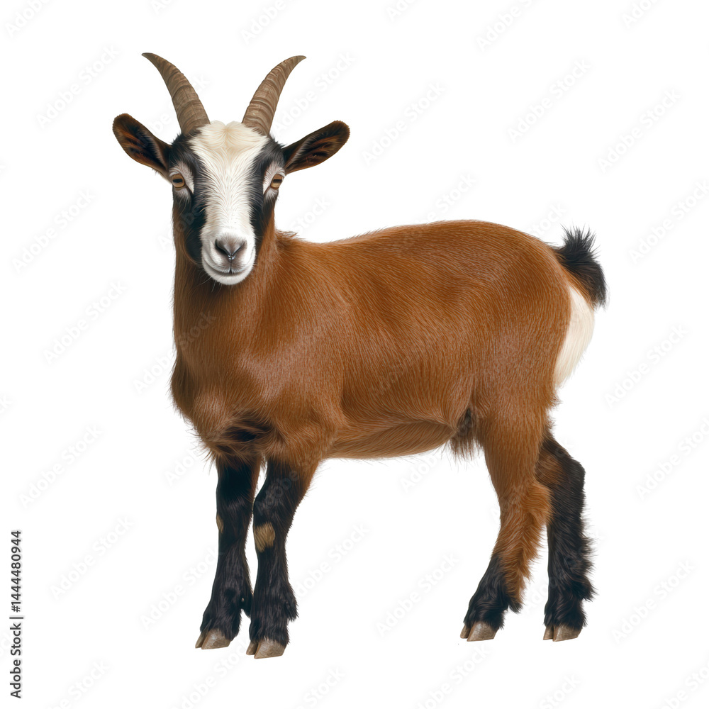 Obraz premium Beautiful brown goat with curved horns, short beard, white markings on face and legs, standing on white background showcasing detailed fur, eyes, and posture
