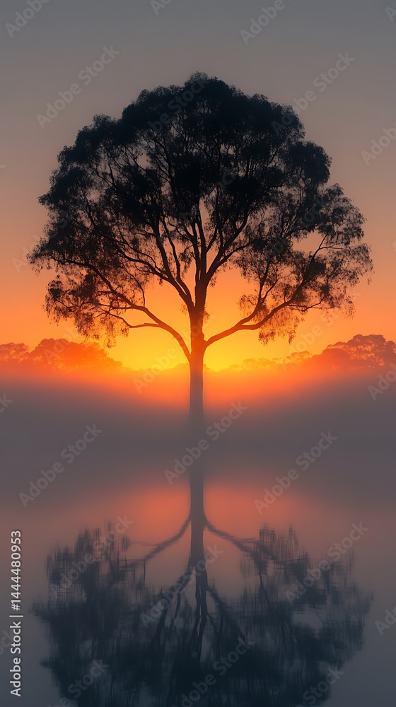 Solitary tree mirrored in calm water at sunset Solitary tree mirrored in calm water at sunset