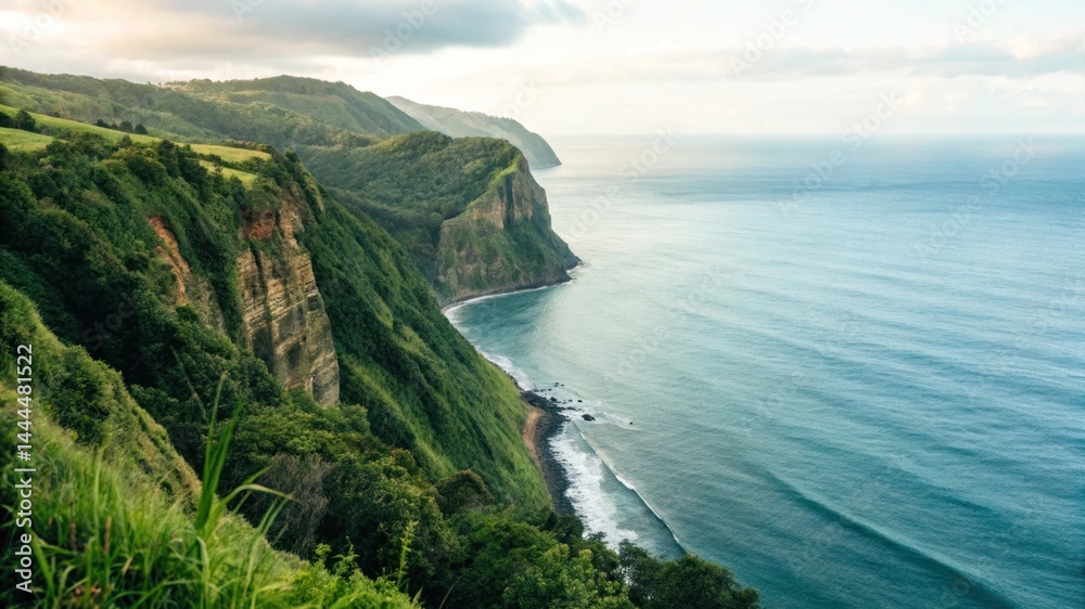 Fototapeta premium Lush green cliffs overlook the tranquil ocean scenic coastal landscape