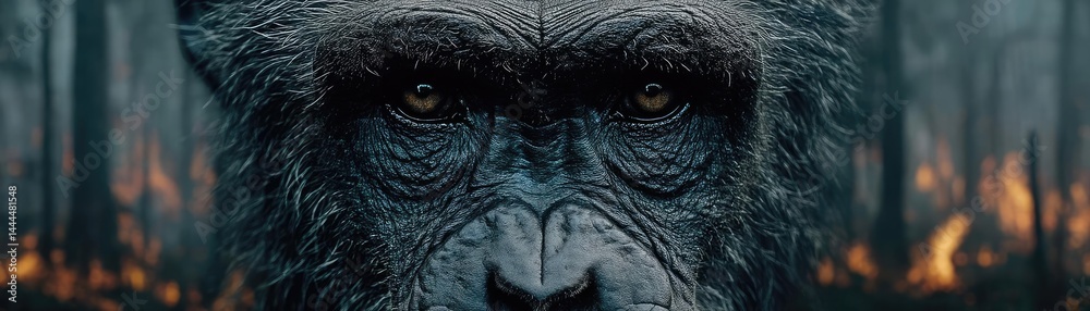 Obraz premium Double exposure bonobo with burning jungle in wild nature concept. Close-up of a gorilla gazing intensely in a forest setting.