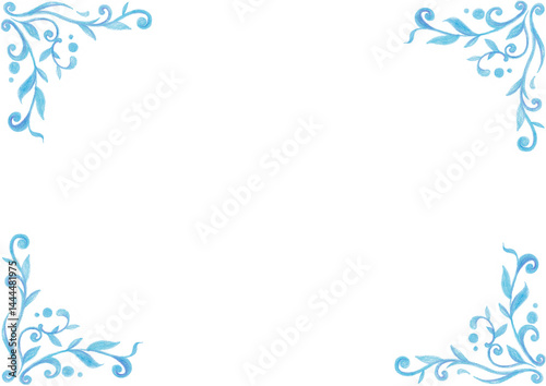 Frame. In each corner of the background there are patterns consisting of curls, leaves, circles. Different shades of light blue. Drawing with colored pencils. White copy space. Invitation, postcard.