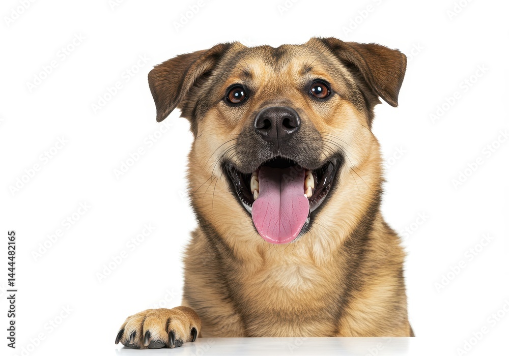 A happy dog with its tongue out looking directly at the camera on a white background in a studio shot A happy dog with its tongue out looking directly at the camera on a white background in a studio shot