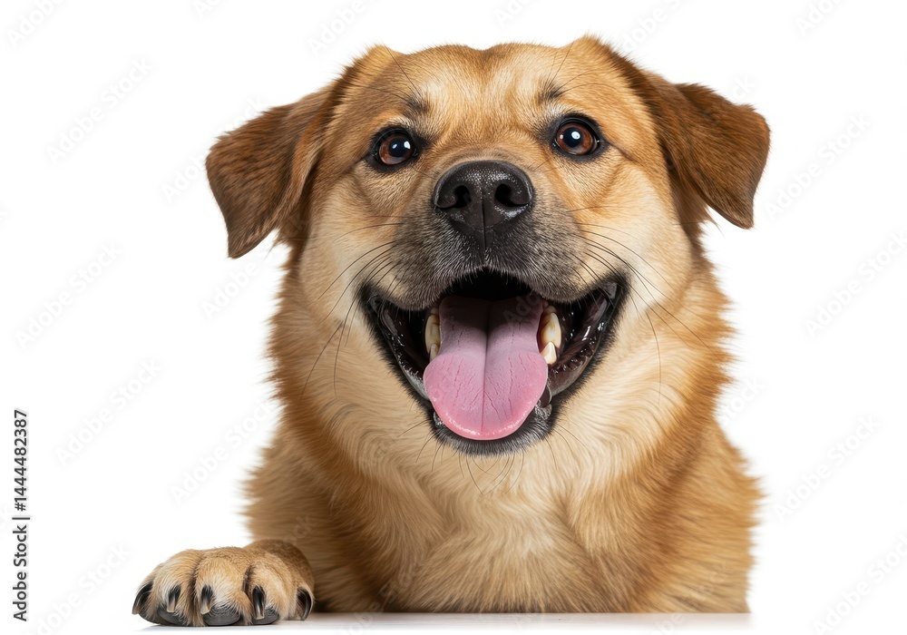 A happy dog with brown and tan fur is smiling with its tongue out on a white background studio shot A happy dog with brown and tan fur is smiling with its tongue out on a white background studio shot