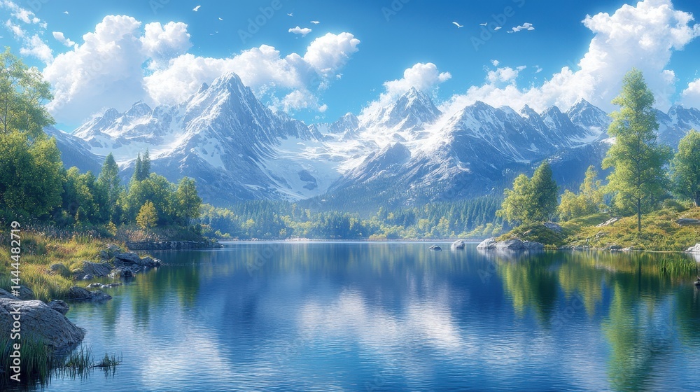 Fototapeta premium Serene mountain landscape with a clear lake reflecting the sky and trees