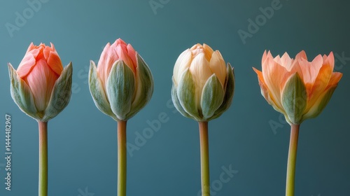 A time-lapse style image showing the progression of a flower from bud to full bloom