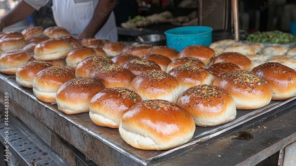 Fresh baked bread rolls at local food stall. Fresh baked bread rolls at local food stall.