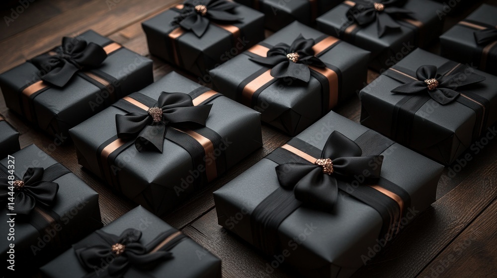 Fototapeta premium Luxurious dark gifts on wooden surface