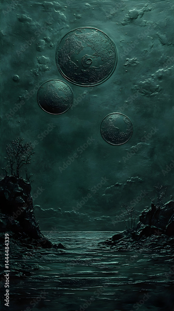 Fototapeta premium Dark serene scene of cliff sides next to water under an eerie sky with floating planet-like spheres