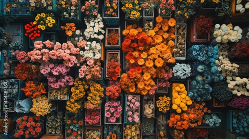 A wide shot of a bright and colorful flower market, with flowers in every shade imaginable